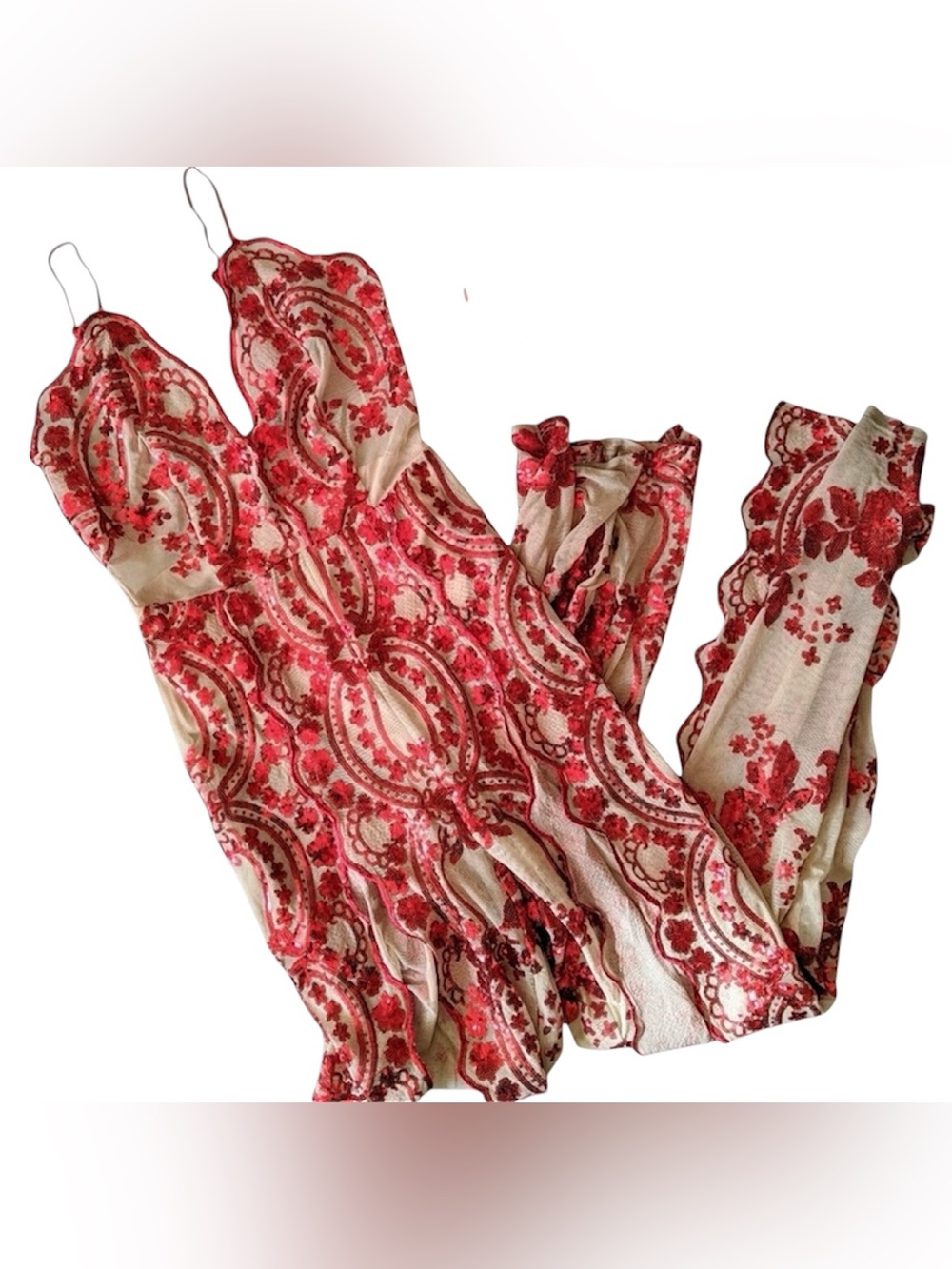 NWT Banjul Sheer Cream with Red Sequin Floral Open Wide-Leg Jumpsuit Size L - Picture 4 of 11